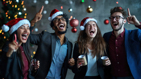 Group of business people celebrating christmas at office, drinking coffee and having funの素材