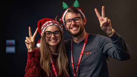 Happy couple in christmas hats and glasses showing victory gesture on black backgroundの素材
