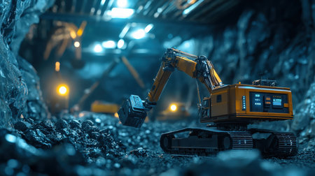Excavator working in coal mine. Industrial concept. Selective focus.の素材