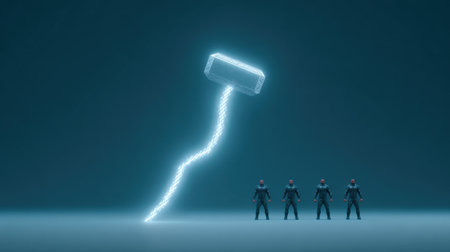 A group of people stand in front of a blue background with a lightning bolt. The bolt is shaped like a hammer, and the people are wearing black. Concept of power and strengthの素材