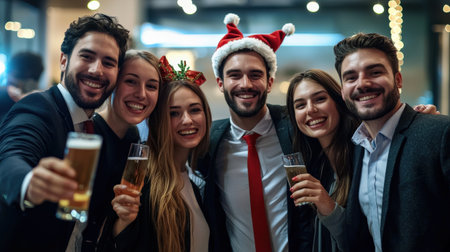 Business people in Santa hats celebrating new year and drinking beer at officeの素材