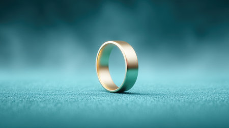 A gold ring is sitting on a blue surface. The ring is the only object in the imageの素材