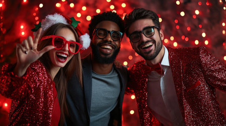 Portrait of happy young couple in Santa hat and eyeglassesの素材