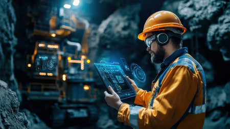 Engineer working in coal mine using tablet computer with augmented reality interfaceの素材