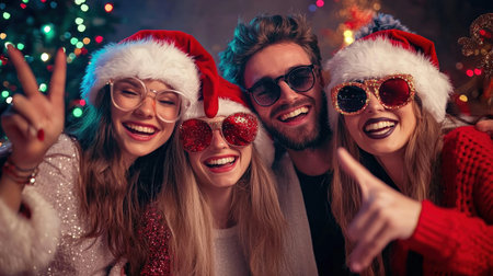 Portrait of a group of friends in Santa Claus hats and eyeglasses.の素材
