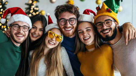 Portrait of a group of young friends in Santa hats and glasses celebrating Christmas at homeの素材