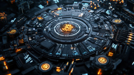 Cryptocurrency market with glowing icons on black, futuristic finance lookの素材