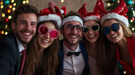 Portrait of a group of friends in santa hats having funの素材