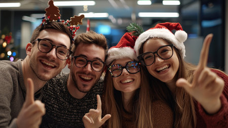 Group of friends in Santa hats having fun and showing v-signs.の素材