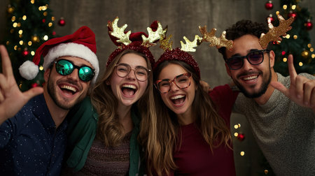 Group of friends wearing christmas hats and glasses having fun at homeの素材