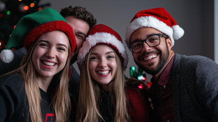 Portrait of a group of friends in Santa Claus hats celebrating Christmas at homeの素材