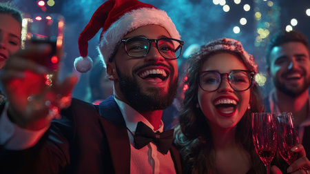 Cheerful man in santa hat clinking glasses with friends at nightclubの素材