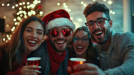 Group of friends in santa hats drinking mulled wine at homeの素材
