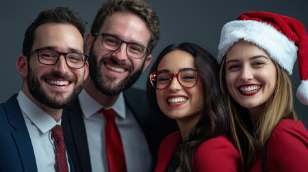 Group of business people celebrating christmas wearing santa hat and eyeglassesの素材