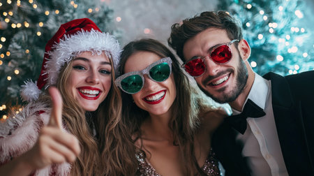 Portrait of a beautiful young couple in santa claus hats.の素材