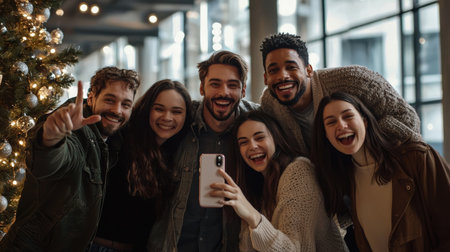 happy friends taking selfie with smartphone on christmas eve in mall, christmas conceptの素材