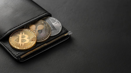 High-resolution digital wallet with cryptocurrency coins on black, secure brandingの素材