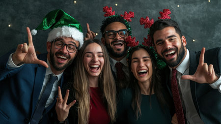Portrait of a group of friends celebrating christmas at the partyの素材