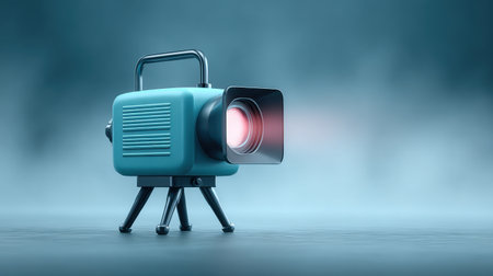 A blue camera with a red light on it. The camera is on a tableの素材