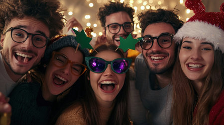 Group of young friends celebrating Christmas at home, looking at camera and smilingの素材