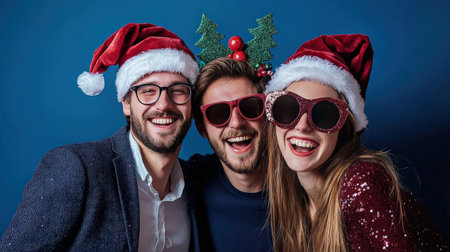 Happy group of friends in Santa hats and sunglasses on a blue backgroundの素材
