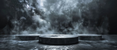 3D rendering of a dark and mysterious stage with three empty pedestals.の素材