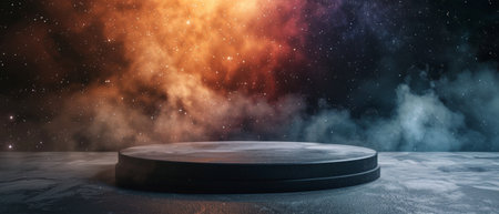 3D rendering of empty stage under bright spotlights with smoke or fog on dark background.の素材