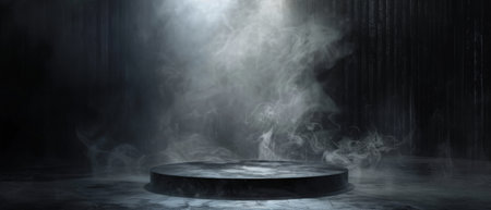 3D rendering of empty dark stage with spotlight and smokeの素材