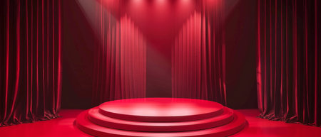 A red stage with red curtains and a red platform. The curtains are drawn back to reveal the stageの素材