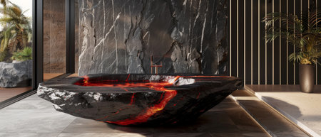 Black marble table with red light on the floor.の素材