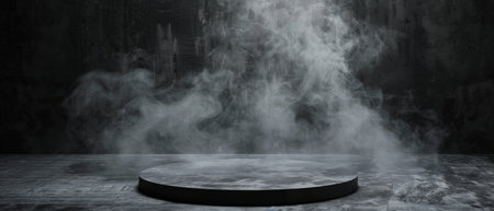 Black concrete podium with white smoke.の素材