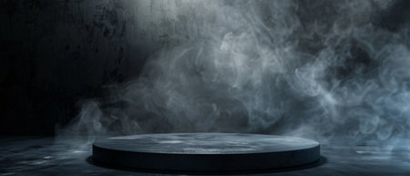 Black round stage with white spotlight and smoke.の素材