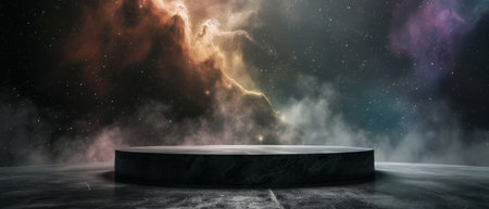 The dark podium in the middle of the colorful smokeの素材