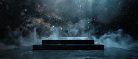 The dark and mysterious background of the stage is the perfect setting for a dramatic performance.の素材