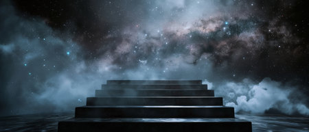 The dark background with a spotlight shining down on a staircase.の素材