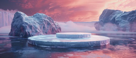 The photo shows a large icy platform floating in a body of water. The platform is surrounded by icebergs and the sky is a vibrant mix of oranges, pinks, and purples.の素材