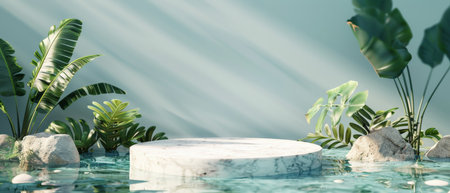 White marble podium with green tropical leaves and sunlight on blue water background.の素材