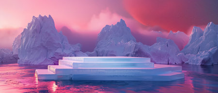 The image is showing a beautiful winter landscape with a frozen lake and snow-covered mountains in the background. The sky is a gradient of purple and pink, and the sun is setting, casting a warm glow over the scene.の素材