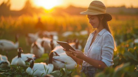 controls the quality of vegetables on the farm using a tablet.の素材