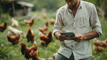 A farmer is using a tablet to monitor the health of his chickens.の素材