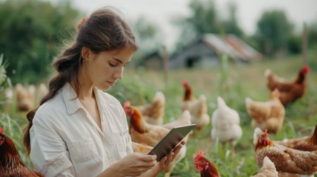 A young woman uses a tablet to keep track of her chicken's egg production.の素材