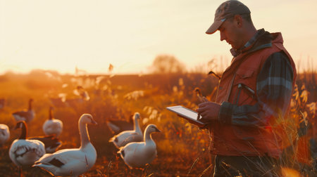 A farmer is checking the geese in the field at sunsetの素材