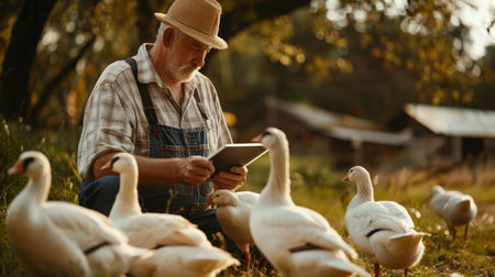A farmer is feeding his geese on a pastureの素材