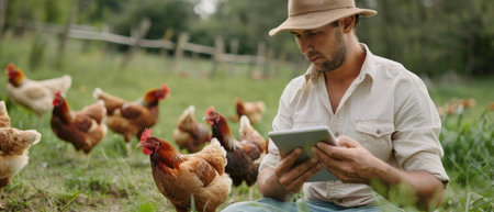 A farmer is using a tablet to monitor the health of his chickens.の素材