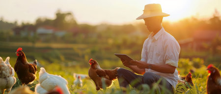 A farmer is using a tablet to monitor the health of his chickens on a pasture at sunsetの素材