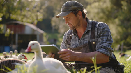 A farmer is checking the health of his geese on a pasture using a digital tablet.の素材