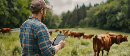 A farmer is using a tablet to monitor the health of his cattle.の素材