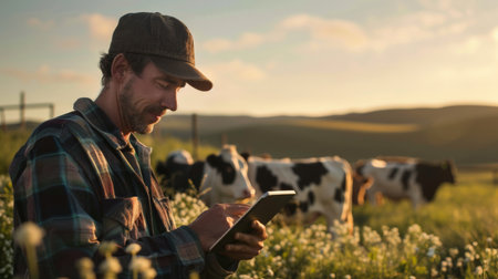A farmer is using a digital tablet to monitor the health of his cows.の素材
