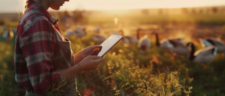 A farmer is using a digital tablet to monitor the health of their livestock.の素材