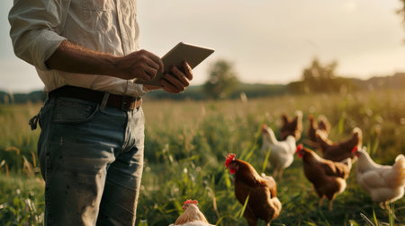 A farmer is using a tablet to monitor the health of his chickens on a pasture.の素材